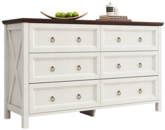 HAUSS SPOLE Sideboard Sideboard mit Aluminium-Griffen für Schlafzimmer, 6 Schubladen Weiß (Weißes Vintage Sideboard mit Walnussarbeitsplatte & Aluminiumgriffen – 6 geräumige Schubladen für sicheren Stauraum, Anti-Kipp-Vorrichtung, ideal für Wohnzimmer ...