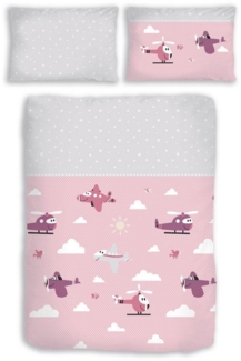 DOBNIG Babybettwäsche Biber Kinderbettwäsche 2tlg. 100x135cm rosa Flugzeugen, Hubschraubern, Biber, 2 teilig, Weiche Biber-Qualität aus 100% Baumwolle,hautfreundlich & pflegeleicht