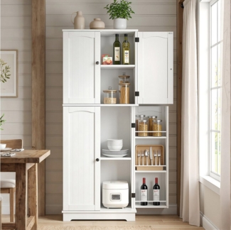 oyajia Mehrzweckschrank mit 4 Türen,Hochschrank Buffetschrank mit verstellbarem Einlegeboden (Küchenschrank, 2 verstellbare Ablagen, 6 Türfächer) für Küche Wohnzimmer Badezimmer,150CM