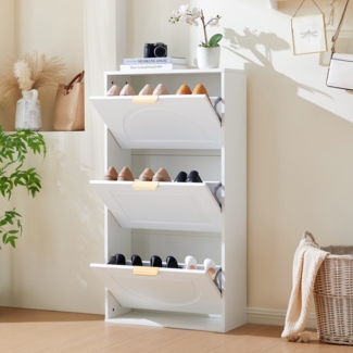 Merax Schuhschrank, Schuhkipper Schmal mit 3 Klappen, Schuhkommode für Flur Wohnzimmer, Weiß
