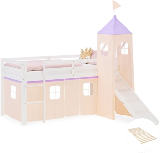 Hochbett Kinder 90x200 cm mit Lattenrost Rutsche Kinderbett Kinderhochbett Stockbett Vorhang Turm Lila Peach