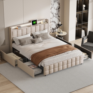 Polsterbett LED, mit Aufladen USB Ladefunktion Kopfteil und 4 Schubladen,Doppelbett 160x200cm Stauraumbetten Bettgestell, Lattenrost aus Holz, Beige