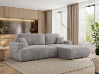 Ecksofa OVO mit schlaffunktion und bettkasten, Wellenfeder, lose Kissen, L-form 271x195 cm - Hellgrau Plüsch - rechte Seite