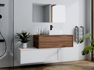 Vente-unique - Waschbeckenunterschrank hängend mit Einzelwaschbecken & zwei Schubladen - Naturfarben dunkel & Weiß - 94 cm - TEANA II