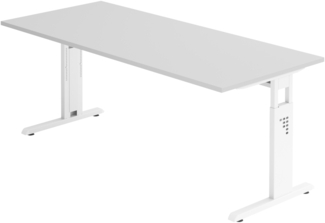 bümö höhenverstellbarer Schreibtisch O-Serie 180x80 cm in grau, Gestell in weiß - großer PC Tisch für's Büro manuell höhenverstellbar, Computertisch verstellbar, OS-19-5-W