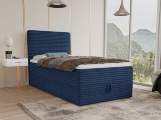Boxspringbett Mollo Mini mit Bettkasten und Matratzentopper - Einzelbett mit Bonell-Matratze und Topper, Polsterbett in weichem Cordstoff, Bett, Schlafzimmer (Blau (Tilia 77), 120 x 200 cm)