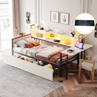 Multifunktionsbett mit LED & Schreibtisch – Schlafsofa 90x200 cm mit Schubladen, Steckdose & Stauraum,Weiß