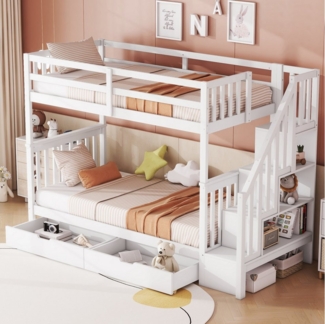 HAUSS SPOLE Etagenbett 90x200 cm, mit zwei Schubladen, hohe Geländer, Treppenregal, weiß (Treppenregal, ausgestattet mit zwei Schubladen, hohe Geländer, 90*200cm), ohne Matratze