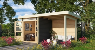 Gartenhaus Kandern 1 - 204x204 cm mit Anbaudach 2,35 m und Rückwand, 28 mm terragrau, Karibu