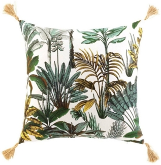 Macosa Home Dekokissen Sofakissen 50x50 cm grün weiß mit Quasten inkl. Füllung, Dschungel Motiv modern Zierkissen Dekokissen