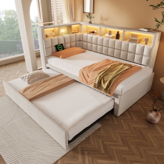 Merax Einzelbett Leinen Polsterbett 90x200cm mit Ausziehbett 90x190cm, Schlafsofa, Gästebett, LED, Bluetooth-Lautsprecher, USB & Type-C Ladeanschluss, L-Kopfteil mit Stauraumregal, Beige