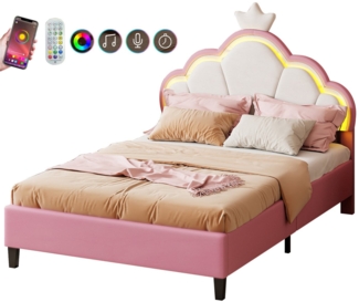 FUROKOY Polsterbett Kinderbett Kronenbett und anhebbarem Kopfteil Kronenform (Prinzessinbett Kinderbett Jugendbett aus Samt, 1-tlg, Einzelbett Bettgestell Nettes und verträumtes Mädchen Bett Rosa/Weiß), 90x200 cm,mit LED-Licht,Samt,Geeignet für Jugendl...