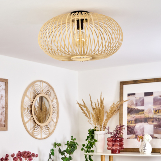 »Aidone«, runde Deckenlampe aus Holz/Metall in Natur/Schwarz, Leuchte in Gitter-Optik mit tollen Lichteffekten an der Decke, Ø 50 cm, 1-flammig, 1 x E27 max. 60 Watt