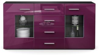 Sideboard Kommode Grömitz V1, Korpus in Schwarz matt / Front in Brombeer Hochglanz (139 x 72 x 35)