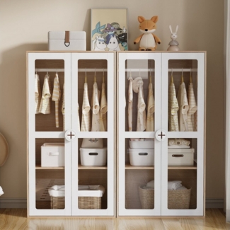 REDOM Kleiderschrank Regal mit Glas-Türe (Flurschrank, 2-St, 80×50×150 cm, Keksform-Holzgriffen) mit Kleiderstange,verschiebbaren Regalen