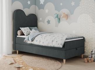 Kinderbett FLOW, Boxspringbett für Kinder, mit hohem Kopfteil, Einzelbett mit Matratze - 90x160 - Dunkelgrau Stoff - Topper T25