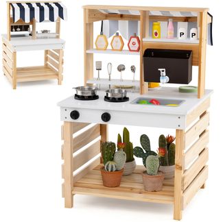 Outdoor Kinder Matschküche mit Wasserfunktion Kinderküche Doppelseitige Spielküche Natur