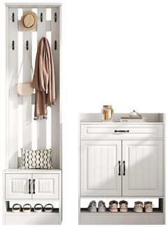 autolock Garderobe Garderobenständer Wandgarderobe Garderoben Set mit Schuhbank, Schrank (125*36*190 cm), Flurmöbel mit 8 Haken, 4 Türen, 1 Schublade, Weiß