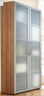 Hammerbacher Glastürenschrank, 5 Ordnerhöhen, Nussbaum/Silber, Bogengriff, 188 x 34,9 x 80 cm