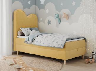 Kinderbett FLOW, Boxspringbett für Kinder, mit hohem Kopfteil, Einzelbett mit Matratze - 90x160 - Gelb Velours - Topper T25