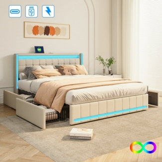 Furnishings Home Polsterbett Stauraumbett Doppelbett LED (1 tlg, Mit Vier extra große Schubladen), Mit LED-Beleuchtung, USB & TYPE-C Anschlüsse, Leinen, 180x200 cm