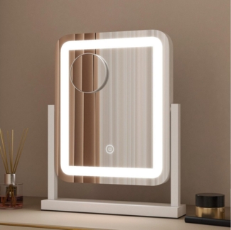 WDWRITTI Schminkspiegel mit Vergrösserung Beleuchtung LED Kosmetikspiegel 10 fach Tischspiegel (3Lichtmodi, Dimmbar, Speicherfunktion, Rechteckig, 31,5 x 10 x 39 cm), mit rutschfeste Pad & Netzadapter