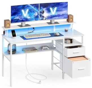 VASAGLE Schreibtisch mit Stoff-Schubladen, Computertisch mit Monitorständer, LED-Beleuchtung, 55 x 135 x 90 cm, eingebaute Steckdosen, 2 USB-A-Anschlüsse, für Homeoffice, ahornweiß