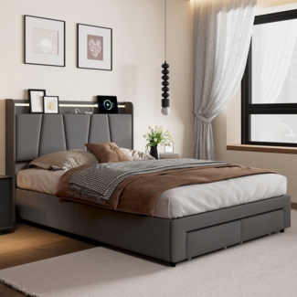 PXloue Stauraumbett Polsterbett mit Stauraum (Hochklappbares Bett 140x200 cm (USB-Ladeanschluss), 2 Schubladen, mit stabilem Lattenrost & gepolstertem Kopfteil