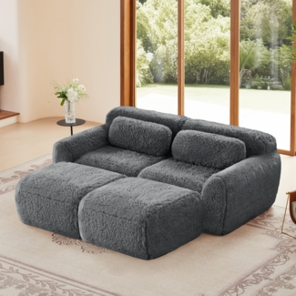 Modulares Cloud Sofa Plüsch, boneless Design,32D Schaumstoff,flexibel U/L-Form, mit 2 Ottoman,kein Aufbau,ultra weich,Grau