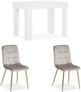 Esstisch mit 2 Stühlen Set Essgruppe Samt Polsterstühle Creme Küchentisch Modern Holz Natur 80x80 cm Esszimmertisch Massiv