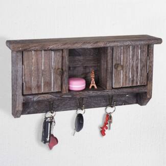 Schlüsselbrett HWC-A48, Schlüsselkasten Schlüsselboard mit Türen, Massiv-Holz MVG-zertifiziert ~ shabby braun
