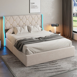 PXloue Polsterbett Doppelbett Stauraumbett mit bettkasten, mit Lattenrost und 4 Schubladen, LED-Beleuchtung, 140x200 cm