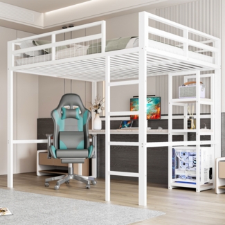 Merax Hochbett, kinderbett 140 x 200cm, mit Eisenrahmen, mehrere Einlegeböden, Schreibtisch mit Steckdose, mit usb type-c ohne Matratze, weiß