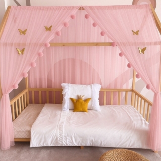Baby Fancyroom Betthimmel Betthimmel Tüll Hausbett Kinderbett 2 Stück 340cm 380cm Montessori (3-tlg. Set mit 2x Betthimmel und einer 20er Pomponkette, Baldachin, Kinder Betthimmel Baldachin Himmel Deko Set), Betthimmel für Hausbett Montessori