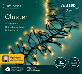 Lumineo LED-Lichterkette Lumineo Lichterkette Cluster 768 LED 7 m klassisch warm, schwarz, Dimmbar, Timer, Indoor, Outdoor