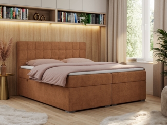 Boxspringbett, Doppelbett, Polsterbett mit Kopfstütze - CARMEN - 200x200cm - Orange Stoff - H3