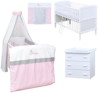 Baby-Delux Babyzimmer-Komplettset Babyzimmer 140x70 weiß Komplettset, (13-tlg), Babybett Wickelkommode Bettwäsche Set Komplettzimmer