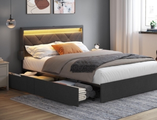 VASAGLE Doppelbettgestell, Bettgestell, 140 x 200 cm, LED, Metallbett, 4 Schubladen, Ladestation, verstellbares gepolstertes Kopfteil, schiefergrau RMB827G02