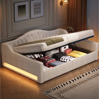 STILVORA Daybett 140x200 mit Stauraum,Gepolstertes Tagesbett mit LED&Lattenrost,Beige (Gepolstertes Tagesbett mit LED-Gürtel, Stauraum & Leinenbezug – Platzsparendes Design für Gästezimmer & kleine Räume – 7-farbige LED-Beleuchtung und robuste Konstruk...