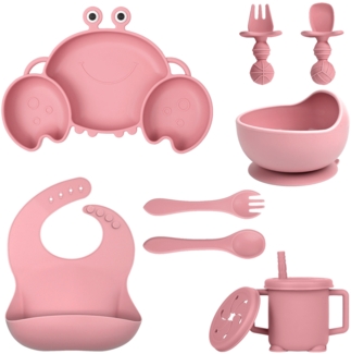 Silikon-Babygeschirr-Set mit Saugnäpfen, 8-teiliges Set, Kinder-Essgeschirr-Set, beinhaltet rutschfeste Teller, Schüsseln, Becher, Löffel und Gabeln, BPA-frei (dunkelrosa).
