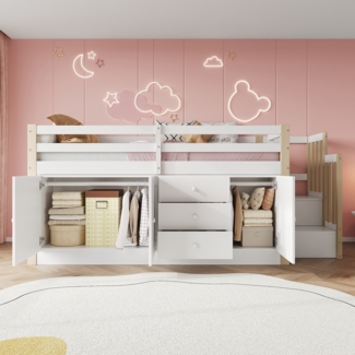 Kinderhochbett mit Treppe, zwei Schränken, Schubladen und Wäschestange, 253 x 92 x 101 cm, Weiß, ohne Matratze