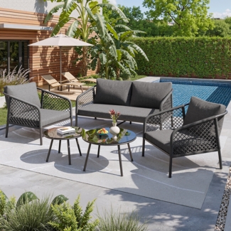 Merax Gartenloungeset Gartenmöbel-Set 4 Personen, Gartentisch mit Glasplatte, Gartenstuhl aus geflochten Seil, Balkonmöbel Terassenmöbel 5-tlg, Grau