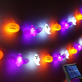 1,95 m lange, solarbetriebene Lichterkette mit 30 LEDs in Kürbis-, Fledermaus- und Geisterform in Orange und Lila mit 8 Leuchtmodi, Timer, Feenmotiv, für die Dekoration von Fenstern und Veranden im Innen- und Außenbereich sowie als Partydekoration