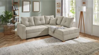 Massivart® Ecksofa HEIDELBERG Cord grau-beige / 228 cm, Cordsofa / Bettfunktion / Bettkasten / Holzfüße