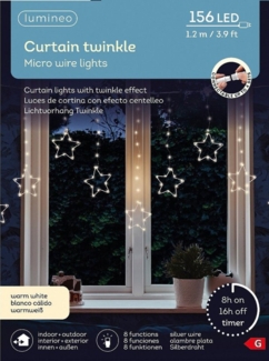 Lumineo Lichtervorhang Lumineo Stern-Lichtervorhang, CURTAIN TWINKLE 156 LED 1,2 m warm weiß, 8h-Timer, Indoor, Outdoor, 8 Funktionen, Draht