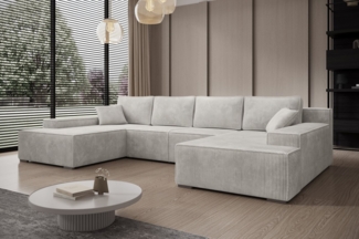 PROMETO Möbel Ecksofa Ecksofa Couch U-Form mit Schlaffunktion, POSO-Stoff Cordstoff Milo