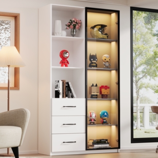 Merax 160 cm LED-Vitrine - Bücherschrank mit Tür aus gehärtetem Glas und LED-Beleuchtung, 3 Schubladen und 3 offene Fächer, Aluminiumrahmen, mehrfarbige LEDs, weiß