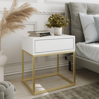 AX LIVING Nachttisch Kommode Aleio Weiß, goldenes Metallgestell 45 cm