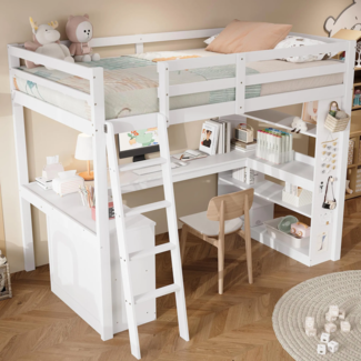 Hochbett mit Schreibtisch und Regal, 90x200 cm, Kinderbett mit Lattenrost, Leiter und Rausfallschutz, Jugendbett, Kiefer