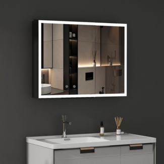 WDWRITTI Spiegelschrank mit Beleuchtung LED Spiegelschrank Bad mit beleuchtung 80x60x12,5cm (Badezimmerspiegelschrank mit licht, Anti-fog, 3Lichtmodi, Dimmbar, Speicherfunktion) Doppelseitiger Spiegel, Alu-Schranktür, mit Netzadapter